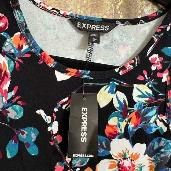 Express Black Bright Floral Rose Bodycon Stretchy Tank Dress Med NWT - Picture 4 of 5